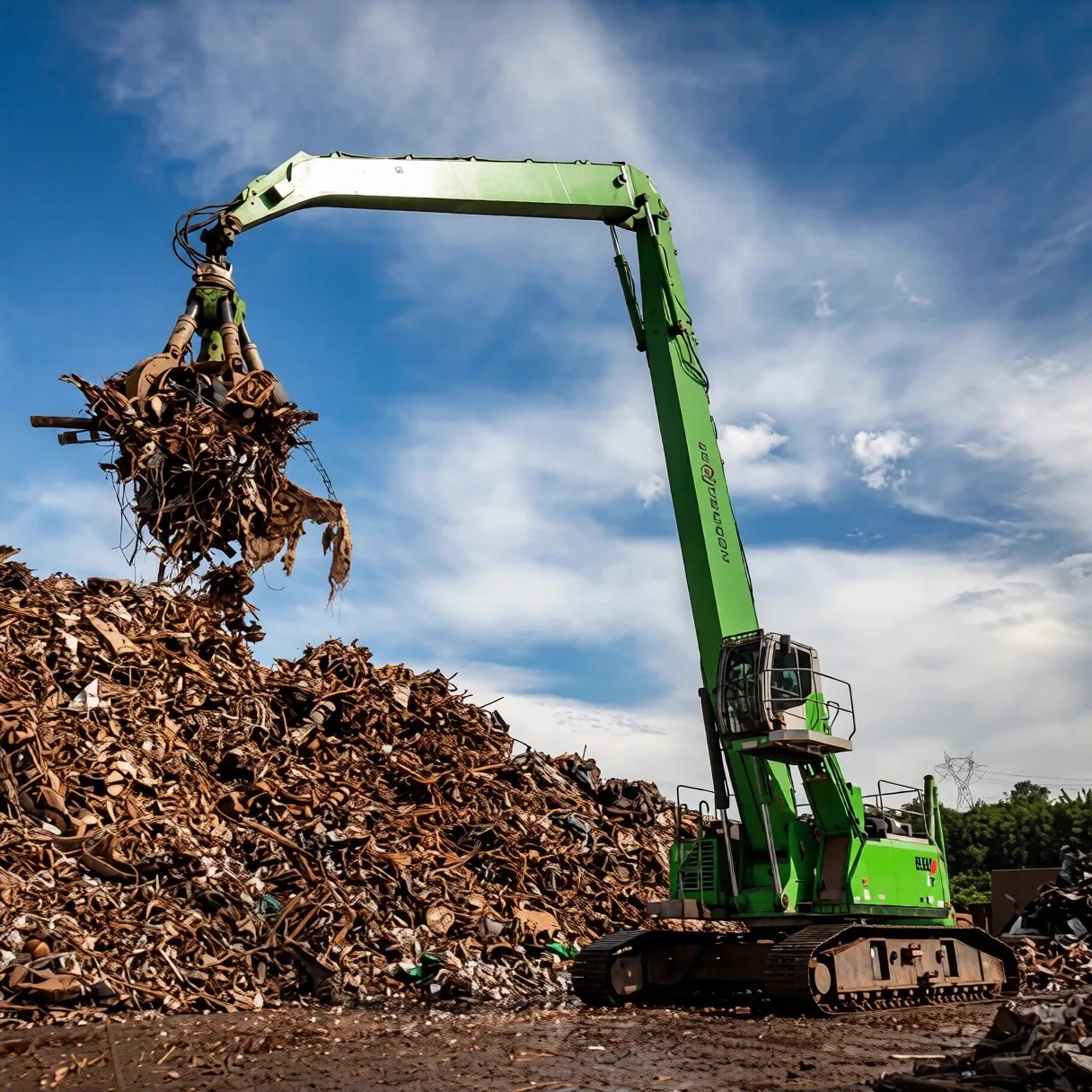 Guindaste erguendo um fardo de sucata metálica em pátio industrial de reciclagem
